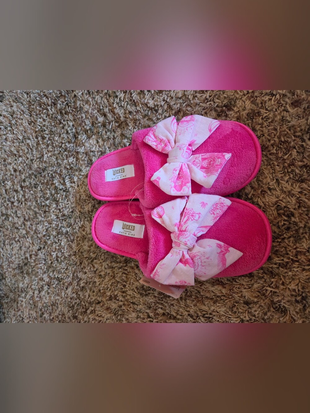 Wicked × Katie Kime Hot Pink Plush Slippers With Bows Womens Size 7-8 NWT